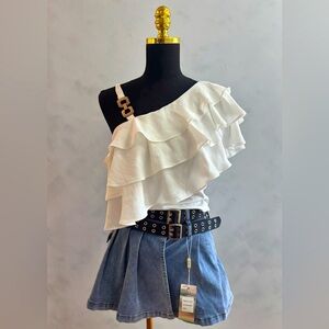 White Ruffled One-Shoulder Top with Denim Skort